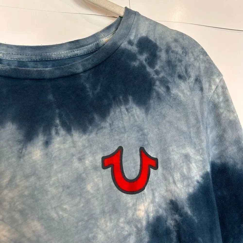 True Religion Men’s Ocean Waves Blue Tie Dye Buddha Tee Shirt Horseshoe Small